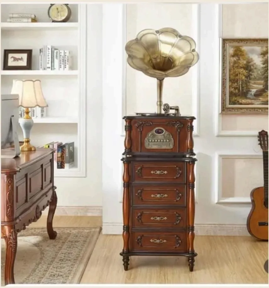 oldvox C-268 tall floor phonograph in cherry with gold detailing