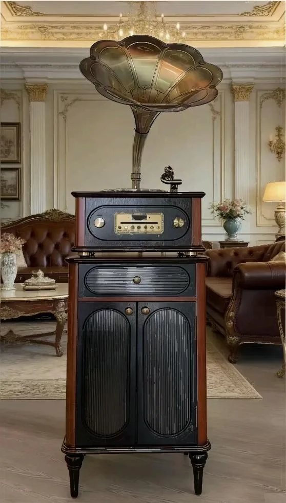 oldvox C-269 medieval style phonograph in cherry with black accents