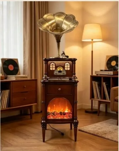 oldvox C-592+ walnut phonograph with fireplace and night light